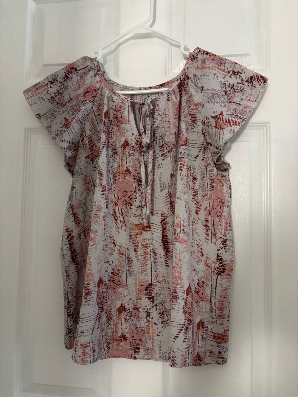 T.J.Maxx Pink and Brown Abstract Tie-Neck Flutter Blouse
